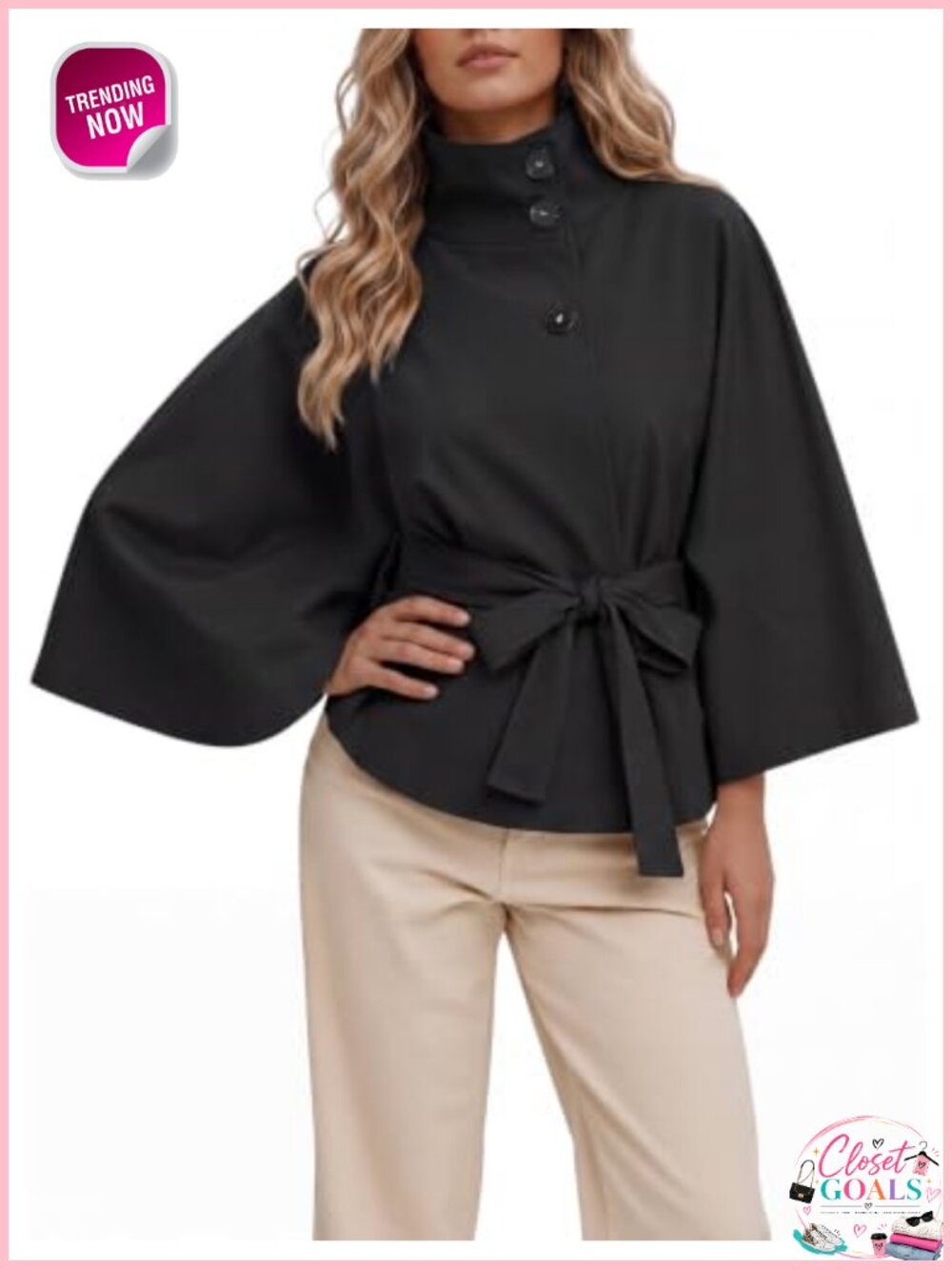 Womens Cropped Trench Coat Cape Sleeve Funnel Neck Belted Jacket